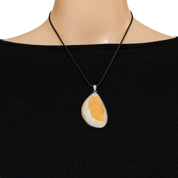 Yellow Druzy Agate Organic Freeform Modernist Pendant in Sterling Silver - Picture 2 of 6